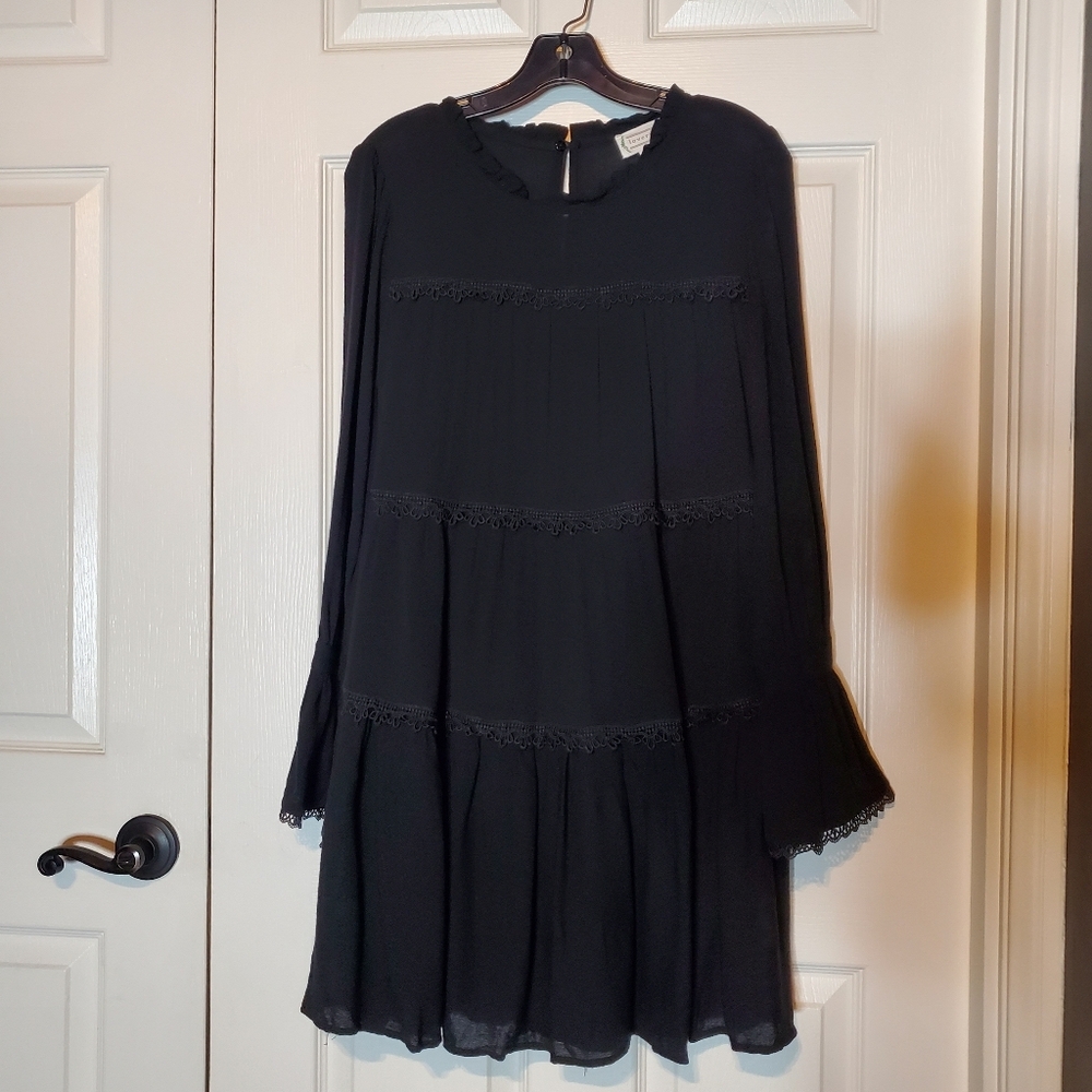 Love Riche Black Tiered Lace Midi Dress Long Sleeves Small Peasant Bohemian